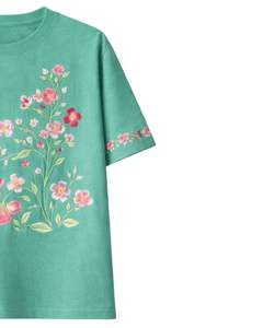 Camiseta Personalizada Verde Verdeazulado con Estampado Floral para Mujer, Cuello Redondo de Algodón Suave, Manga Corta Informal, Top de Verano Ligero y Cómodo - Product Image 4