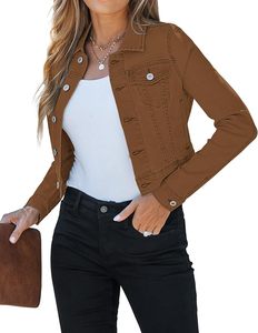 Veste en jean marron ciré, col rabattu, fermeture boutonnée, manches classiques, couleur unie, coupe ajustée, longueur courte, style décontracté automne - Product Image 3