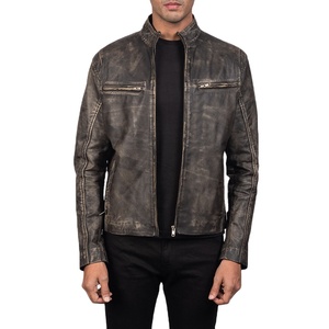Chaqueta de cuero para moto color cera marrón con cuello tipo banda, chaqueta de cuero premium con puños con cremallera, cuatro bolsillos, abrigo de motociclista para hombre y mujer - Product Image 1