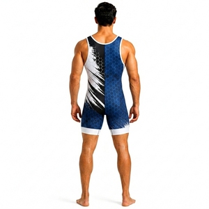 <b>Men's</b> Blue Black White Digital Print Fitted Lightweight Breathable Moisture Wicking Spandex Polyester <b>Wrestling</b> <b>Singlet</b> - Product Image 2