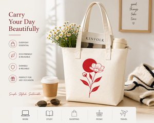 AMANI 300GSM White Canvas <b>Tote</b> Bag Eco Friendly Reusable Shopping Bag Custom Logo <b>Zip</b> Closure Heavy Duty Floral Red Petals - Product Image 3
