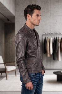 Chaqueta de Cuero de Cordero Gris para Hombre, Estilo Motero, con Hombros Acolchados, Cuello Alto y Herrajes Plateados - Product Image 2