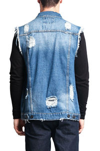 <b>Men's</b> <b>Light</b> Blue Denim Vest Turn-down Collar Single Breasted Frayed Casual Washed Cotton Spring Style - Product Image 3