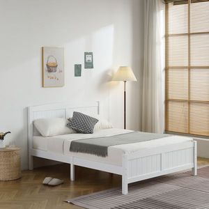 Testiera curva FCH in pino massello a strato singolo con strisce verticali, letto in legno bianco con piedi coordinati e base completa - Product Image 1