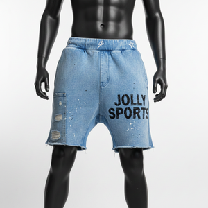 Shorts de mezclilla para hombre con lavado ácido, tela de algodón premium de 320 GSM, color azul claro vintage, estampado serigrafiado, logotipo personalizado, shorts para hombre con lavado ácido. - Product Image 6