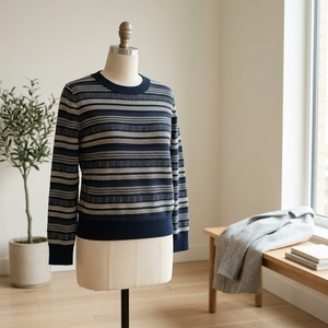 Pull en tricot texturé à rayures marine automne/hiver, style décontracté avec motif brodé, laine viscose respirante pour homme/femme - Product Image 4