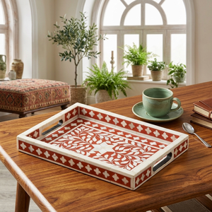 Plateau décoratif abstrait Art Déco de luxe moderne en bois, incrustation osseuse orange rouille, avec poignées personnalisables - Product Image 1