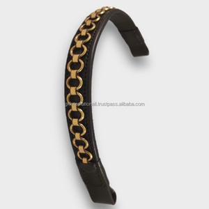 Banda de cejas de caballo de cuero inglés negro y marrón Habana hecha a mano de excelente calidad con cadena de eslabones de latón decorativa personalizada - Product Image 5