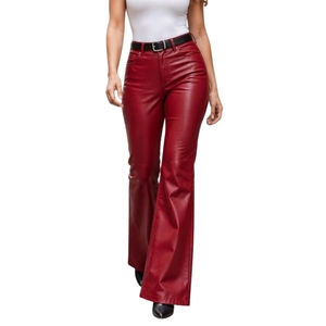 Pantalones acampanados de piel de cordero auténtica roja, pantalones de cintura alta con corte de campana - Product Image 1
