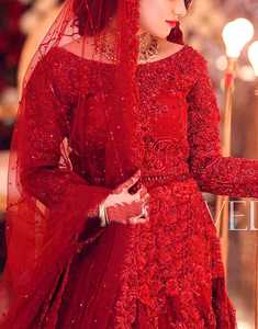 <b>Red</b> Embroidered Lace Ball Gown Wedding Dress Long Sleeve Sweetheart Neckline Floor Length Plus Size Hand Embroidery Beading - Product Image 2