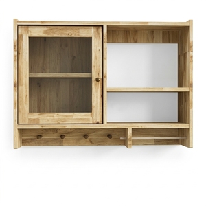 Meuble mural en bois avec portes vitrées, étagères, porte-serviettes et crochets – Unité de rangement flottante polyvalente pour cuisine et salle de bain - Product Image 1