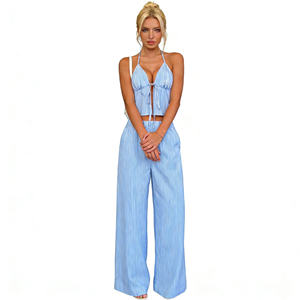 Conjunto de 2 piezas a rayas azules y blancas para mujer, top corto con lazo en la parte delantera, pantalones de pierna ancha, ropa de verano para la playa - Product Image 4