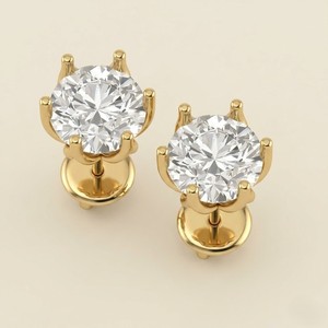 Pendientes clásicos de diamantes redondos con corte brillante en oro amarillo con engaste de garra para mujer, joyería de compromiso. - Product Image 2