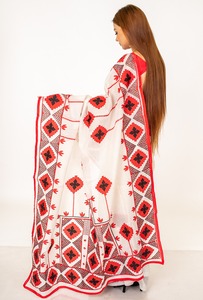 Sari Tradicional Indio de Algodón, Rojo y Negro con Estampado Geométrico, Largo hasta el Suelo, para Bodas, Estilo Bollywood, Elástico - Product Image 4