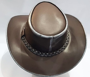 Chapeau de cowboy en cuir marron de qualité supérieure avec bordure métallique et bande tressée, idéal pour l'équitation, le ranch et les activités de plein air - Product Image 5