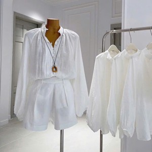 High Quality <b>White</b> Long Sleeve Blouse High Waist Shorts <b>Set</b> for Women Casual Vacation Resort Wear Eco-Friendly Anti-Wrinkle - Product Image 3