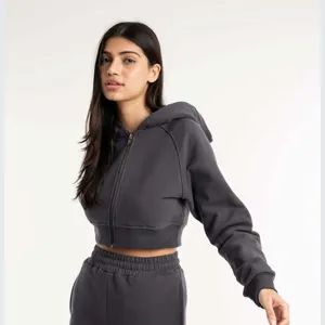 Women <b>Cropped</b> Hooded <b>Zip</b>-<b>Up</b> Sweatshirt Solid Gray Cotton Fleece Full Sleeve Autumn Style - Product Image 1