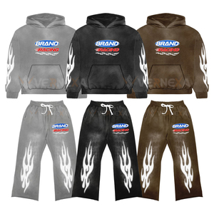 En gros, Meilleures ventes : Survêtement à capuche classique en coton noir, style sportif, avec impression sérigraphiée motif flamme, effet délavé à l'acide et effet soleil. - Product Image 1