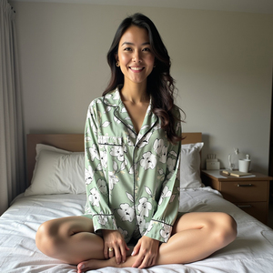 Pijama de camisa y pantalones cortos verdes de algodón ligero para mujer, transpirable y lavable a máquina para viajes de verano - Product Image 6