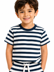 Conjunto de Ropa de Verano para Niños Pequeños, Azul Marino con Rayas Blancas, de Algodón, Dos Piezas, Manga Corta, Estilo Casual - Product Image 4