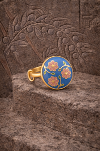 Anillo Redondo de Esmalte Azul Chapado en Oro para Mujer, con Patrón de Ramas de Flor Rosa, Accesorios para Fiestas, Joyería de Diseño - Product Image 4