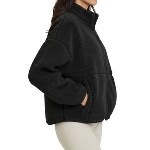 Ladies Black Custom Logo Zip Up <b>Drop</b> Shoulder Sherpa Jackets Outdoor <b>Stand</b> Collar Loose Fit Plain Fleece Sweatshirts - Product Image 2