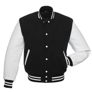Veste universitaire pour homme, veste bomber noire et blanche, corps en laine, manches en cuir, veste de baseball universitaire personnalisée - Product Image 1