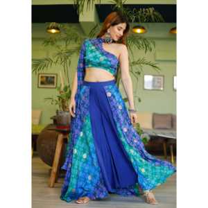 Conjunto de Falda de Gasa Azul Pétalo Transpirable para Mujer con Top de Manga Media y Hombro Descubierto, Talla XS - Product Image 4