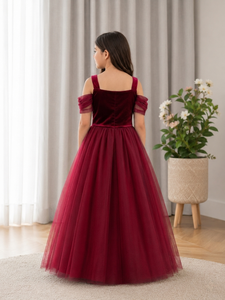 Burgundy Girls Pageant Summer off Shoulder Satin <b>Tulle</b> Ball Gown Embroidered Ankle-Length Party <b>Dress</b> - Product Image 2