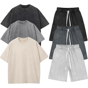 Men High Quality Acid Wash Cotton Summer <b>Set</b> T Shirt Shorts Casual Loose Fit Matching Outfit - Product Image 1