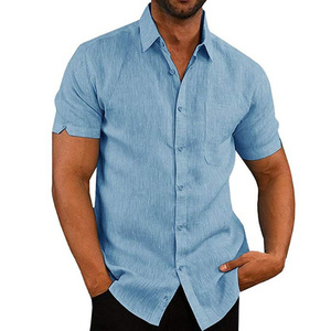 Camisas informales de manga corta de lino y algodón para hombre, blusas formales de playa con cuello vuelto liso, ropa masculina - Product Image 1