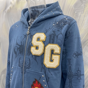 เสื้อฮู้ดซิปสีน้ำเงินสำหรับผู้ชาย ผ้าฝ้ายเฟรนช์เทอร์รี่ โลโก้ SG กระเป๋าปักเพชร สวมใส่สบายๆ สำหรับฤดูใบไม้ร่วง - Product Image 5