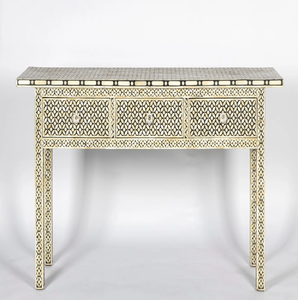 Console de salle de bain avec incrustation de nacre grise et tabouret assorti, disponible à prix de gros. - Product Image 4