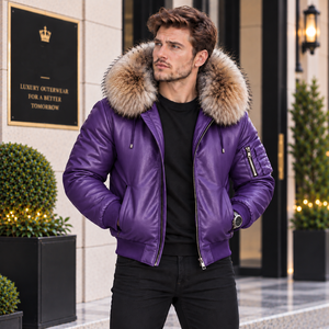 Fashion Breathable Leather <b>Bomber</b> <b>Jacket</b> for <b>Men</b> with Faux Fur Hood and Zipper Closure | Plaid Pattern Casual <b>Summer</b> <b>Jacket</b> - Product Image 1