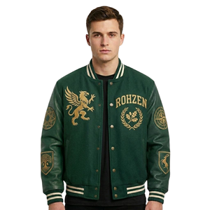 High Quality ODM OEM Customized <b>Men's</b> Green Wool And <b>Leather</b> Varsity <b>Jacket</b> Gold Embroidery Patches Wholesale Streetwear - Product Image 1