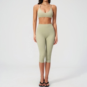 Deep V neck yoga set Racerback <b>crop</b> <b>top</b> pants High waist flared yoga pants Seamless breathable yoga wear - Product Image 4