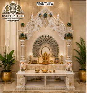 Designer Marble Look Wooden Temple with Peacock Carvings Custom Made Handcrafted Pooja <b>Mandir</b> For Home Teak Wood Puja Unit UK - Product Image 3