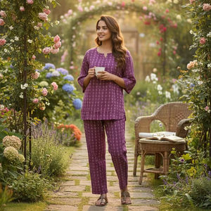 Conjunto de Pijama de Algodón Estampado Morado para Mujer, Kurti de Manga Larga con Pantalón Recto, Ropa Cómoda para el Hogar - Product Image 1