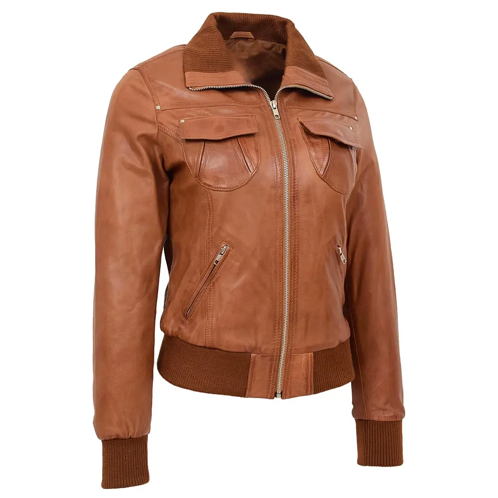 Tan Leather Bomber Jacket For Women Genuine Lambskin Classic Oversized Winter Bomber Jacket