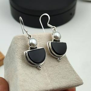 Black Onyx And Pearl <b>Dangle</b> <b>Earrings</b> Sterling <b>Silver</b> Boho Handmade Black And White Gemstone Elegant Jewelry Gift - Product Image 1