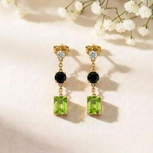 Peridot Rectangle Drop <b>Earrings</b> Black Obsidian Round CZ Accent Elegant Minimalist <b>Fine</b> Stud Dangle Jewelry Gift For Her - Product Image 1