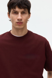 T-shirt en toile de coton bordeaux coupe classique pour homme, manches courtes, col rond, couleur unie, tricoté, design vierge, anti-rétrécissement, 300g - Product Image 5