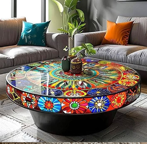 Cette table ronde moderne en résine présente un mélange parfait de formes en bois organique et de touches bleues, disponible à prix de gros. - Product Image 4