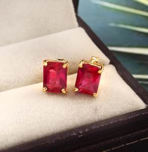 Boucles d'oreilles en rubis du Mozambique, argent sterling 925, plaqué or 14 carats, clous brillants, bijoux fins pour femmes, cadeau - Product Image 1