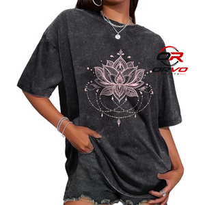 ORVO SPORTS Acid Wash Oversized Plus Size Women's <b>T</b>-<b>Shirt</b> Crew Neck Short Sleeve Floral Printed Black Cotton Jersey Casual Top - Product Image 1