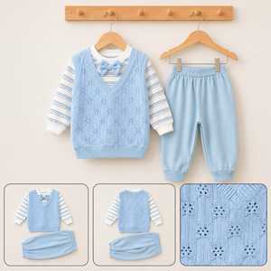 Conjunto de Ropa para Bebé Niño: Camisa de Manga Larga, Chaleco de Punto, Pantalones Elásticos, Atuendo Casual Suave para Niños Pequeños, Otoño, Sin Etiqueta - Product Image 3
