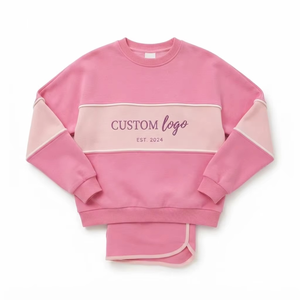 Conjunto de Sudadera y Pantalones Cortos de Dos Piezas, Corte Holgado, Personalizado con Logotipo Bordado, Cuello Redondo, Felpa Rosa, Sudadera con Capucha para Mujer, Estampado de Letras - Product Image 4