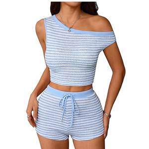 Women's Striped Knitted Crop <b>Top</b> And Shorts Set Off Shoulder Sleeveless Drawstring Waist Blue White Two Piece Outfit - Product Image 1
