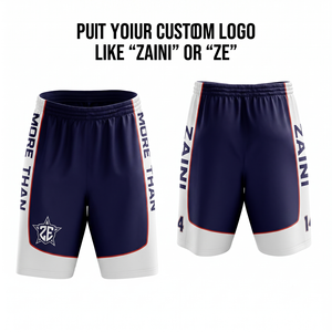 Shorts de basketball pour hommes en maille polyester 140g de qualité supérieure, bleu marine moyen, avec bande latérale blanche, motif monstres de dessin animé numérique personnalisé, élastique - Product Image 5