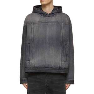 Sudadera con capucha de mezclilla estilo streetwear personalizada, chaqueta con cremallera oversize lavada, ropa exterior retro desgastada a la moda - Product Image 1